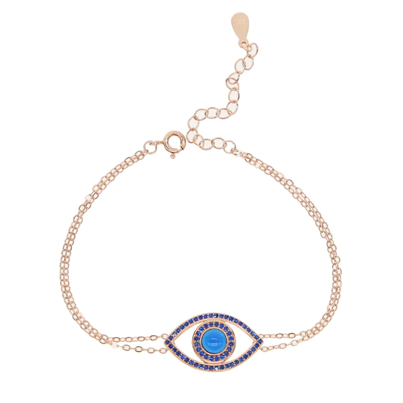 rose blue Стерлинговое Серебро 925 пробы, Радужный cz Двойной браслет-цепочка для девушек и женщин, подарок 15+ 4 см, удлиняющаяся цепочка, Турецкий Дурной глаз, ювелирное изделие на удачу - Окраска металла: rose blue