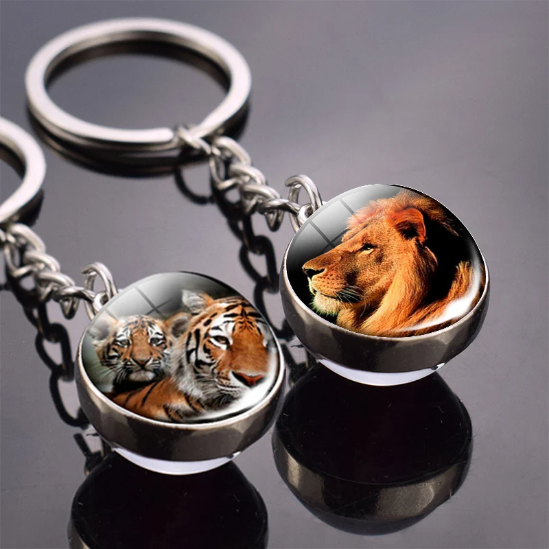 

New Animal Keychain Tiger Wolf Fox Lion Double Side Glass Ball Key Chain Black Cat Horse and Moon Key Ring Pendant Keyring