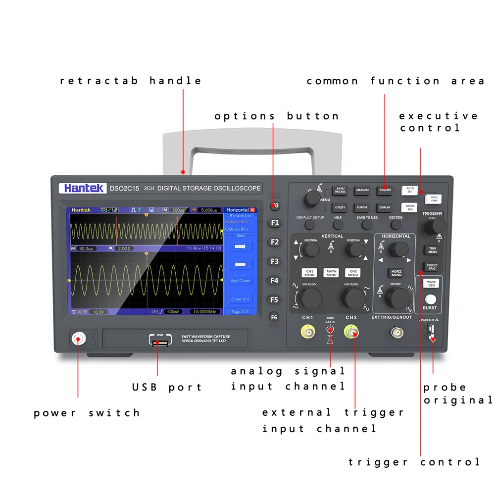 Hantek Digital Osciiloscope 2 Channels 100Mhz/150Mhz Storage Osciloscopio 1GSa/s Sample Rate DSO2D10 2D15 Portable Oscilloscop |