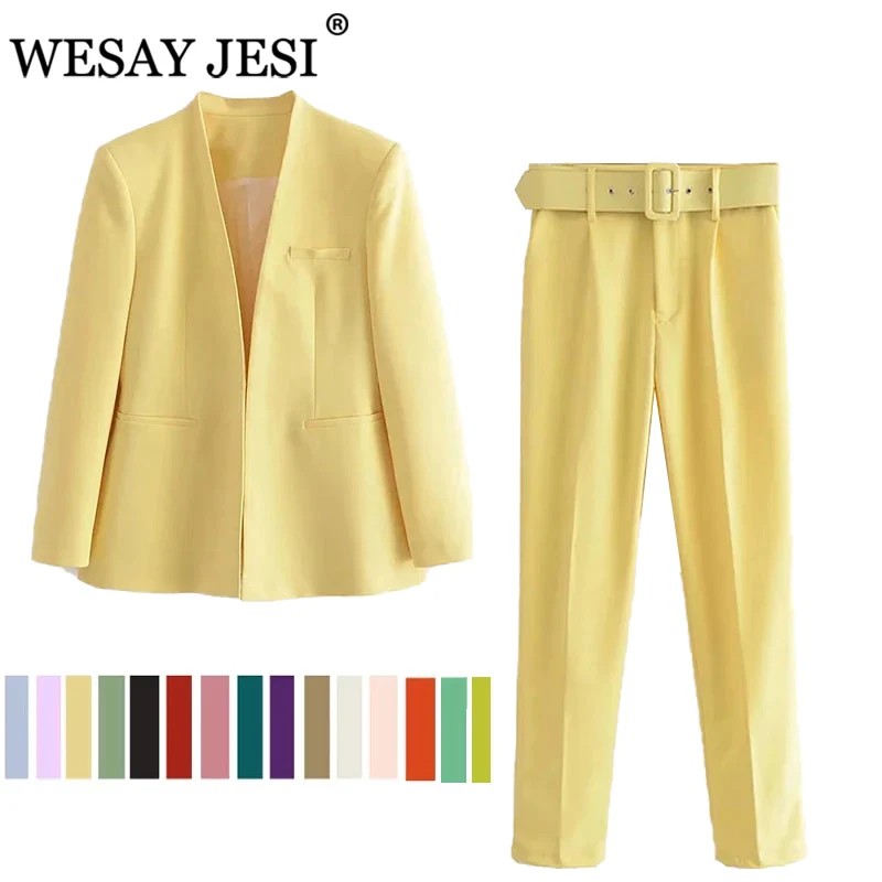 

WESAY JESI Women's Office Suit Fashion Blazer Pantsuit Simple Solid Color Suit Collar Long Sleeve + Trousers 2 Piece Set Blazer