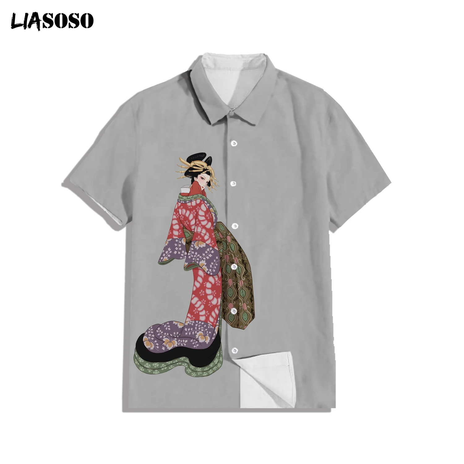 

LIASOSO New Fashion Men's Printed Ukiyo Kabuki Style Sleeve Shirt Soft Summer Shirt For Men Standard Fit Holiday Casual Shirt