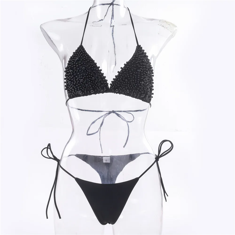 

Women Set Sexy Bikinis With Pearl Low Waist Swimwear Bathing Suit Female Beach Wear Biquini Solid Bandage Push-upTriangle Bikini