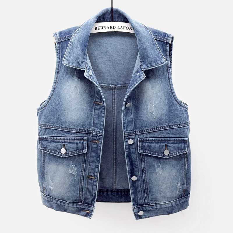 

2022 Spring Autumn Korean Big Pocket Slim Short Denim Vest Women Waistcoat Blue Frayed Jeans Vests Sleeveless Jacket Coat Female