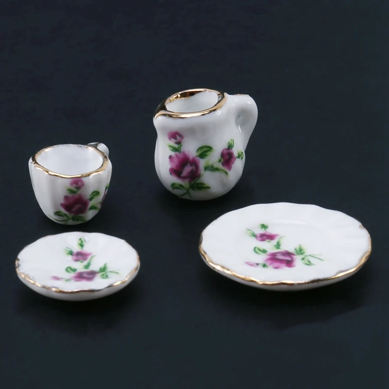 

1/12 Doll House Miniature Porcelain Tea Set Dish Cup Plate Red Peony