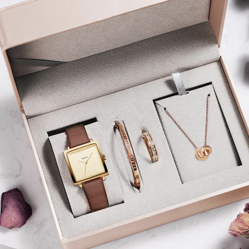 

NEKTOM New Women's Luxury Square Leather Band Wristwatches Waterproof Quartz Ladies Clock Valentines Day Gift Watch Set