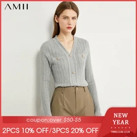 amii minimalism autumn fashion women sweater stripe vneck slim fit women pullover causal button decoration female tops 12030577