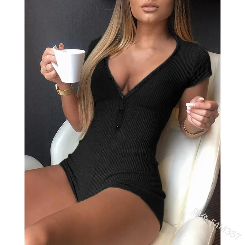 

WEPBEL Women Bodysuit Romper Solid Color Women's Slim One-Piece Suit V-neck Short Sleeve Summer Fashion