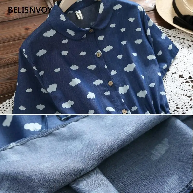 Летние женские синие платья Ulzzang Mori Girl с принтом в виде облаков винтажные