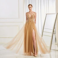 sparkling gold beaded long prom dresses sexy deep v neck tulle sequined slit party dress backless custom size