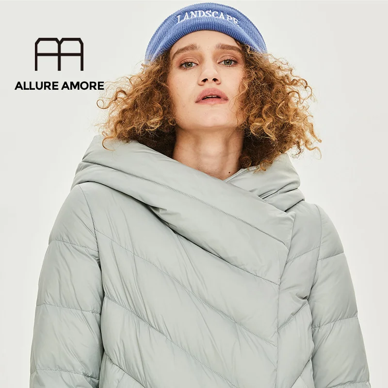 AllureAmore, зимняя и осенняя верхняя одежда для женщин, белая утка, х-длинный пуховик, теплая куртка с капюшоном, Модная парка-кокон, большие размеры, дизайн