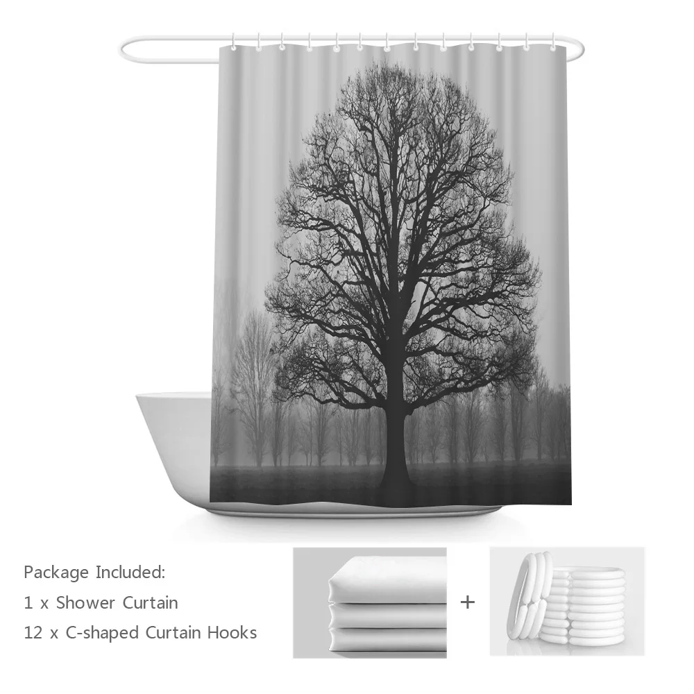 

Black and White Tree Shower Curtain Gray Tree of Life Art Prints Fabric Bath Curtain Woodland Bathroom Curtain