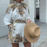 stylish lady elegant geometric printed 2 piece set women shirt and shorts set 2021 autumn office lady club party outfits