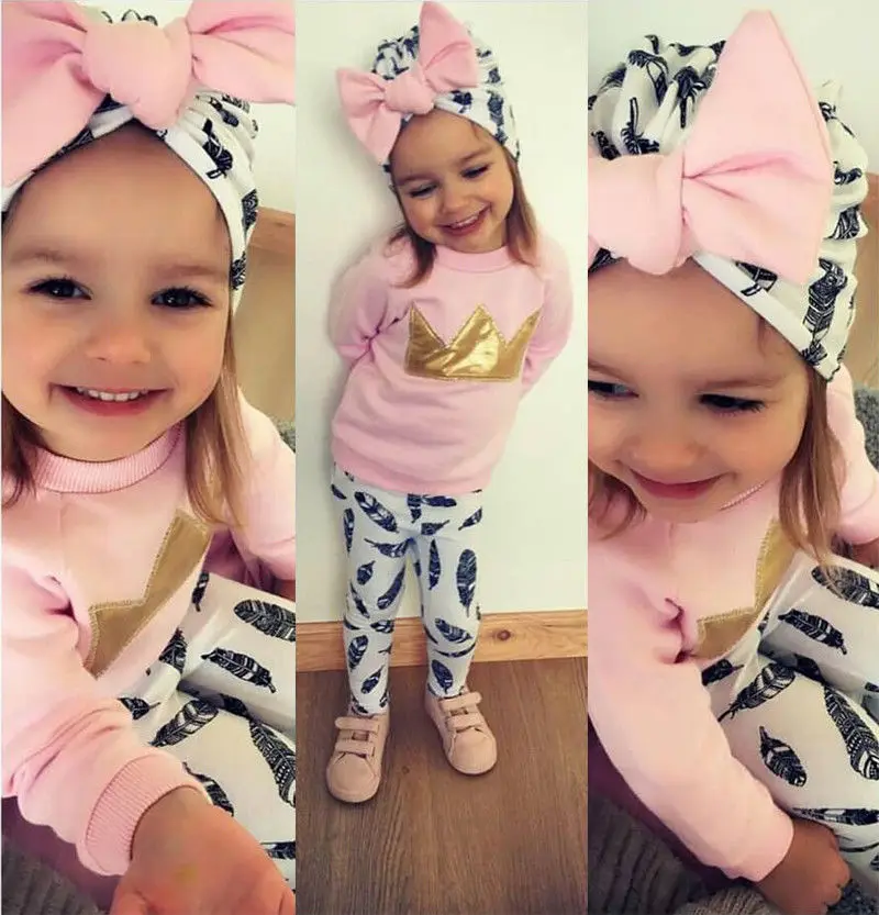 

Baby Girls 3 PCS Clothing Sets Crown Patchwork Sweatshirt Top + Pants Trousers + Hats 0-4Y Newborn Infant Kids Casual Outfits
