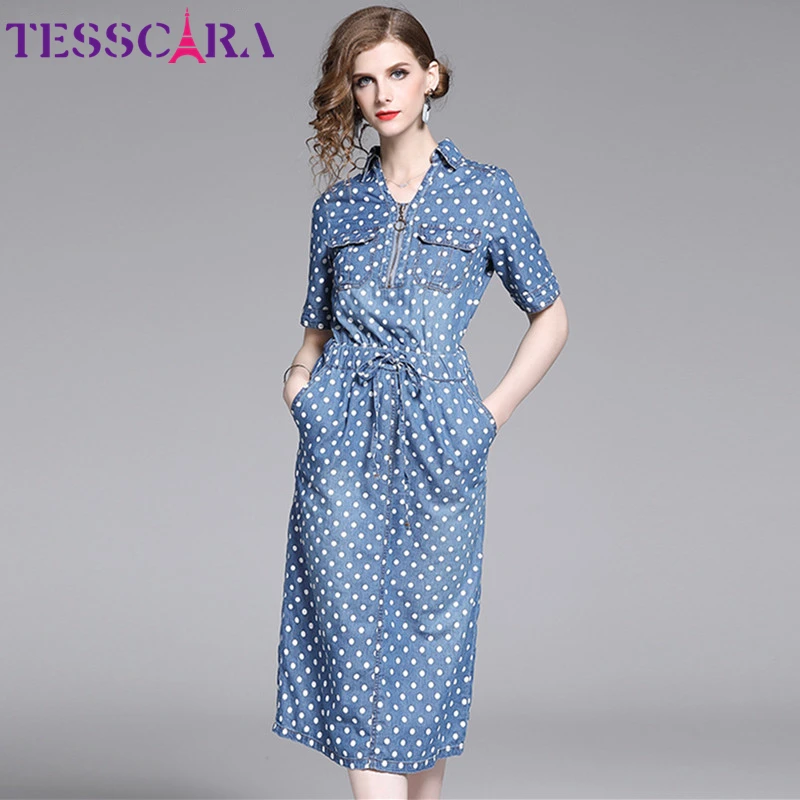 Женское джинсовое платье рубашка TESSCARA винтажное длинное Повседневное карандаш в