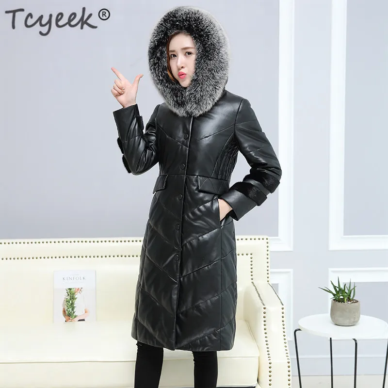 

Женский длинный пуховик из натуральной кожи, с капюшоном