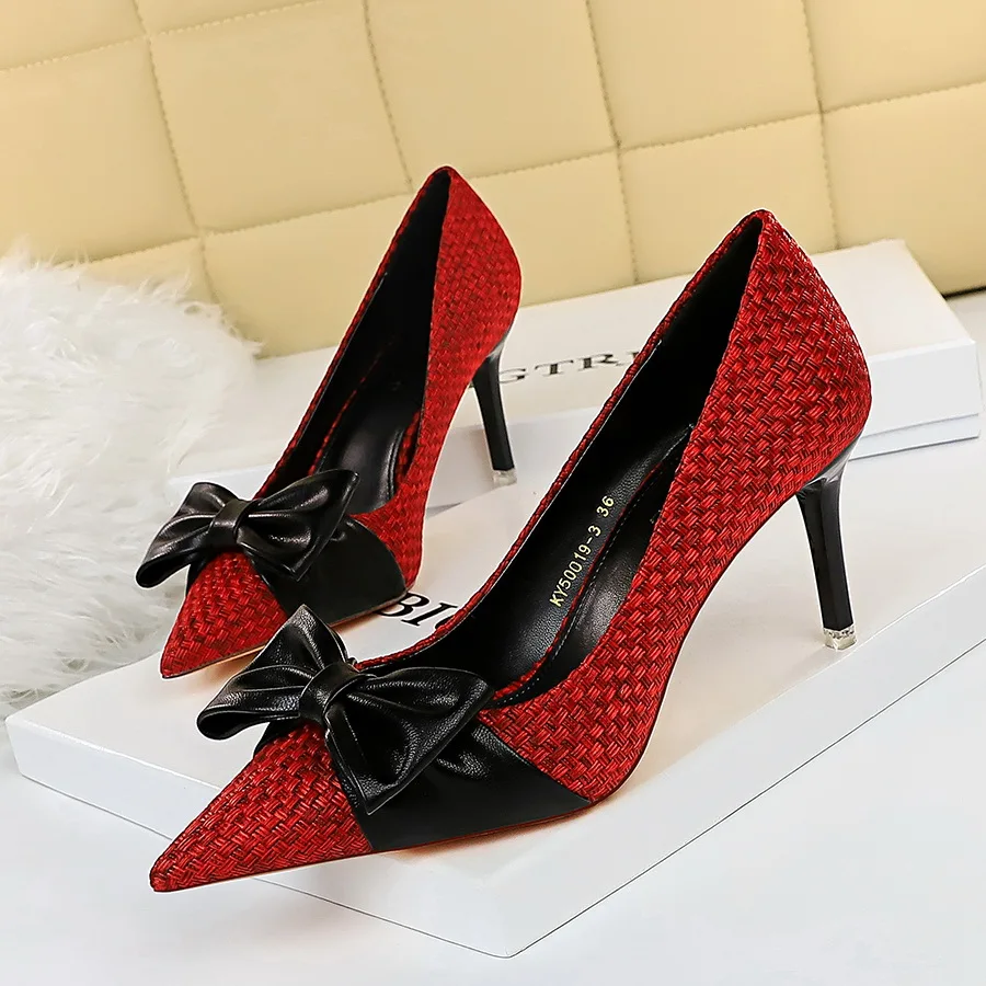 

BIGTREE Shoes New Bowknot Woman Pumps Pointed Toe High Heels Designer Shoes Weave Stiletto Heels Female Shoes Fashion Footwear