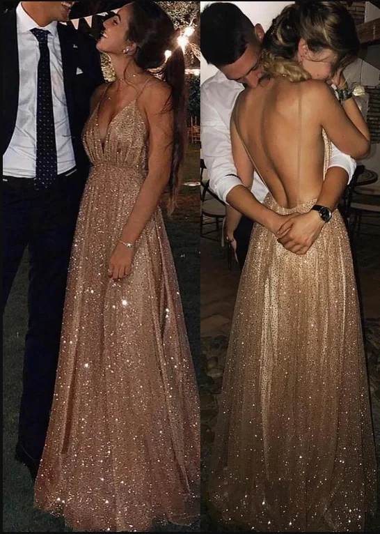 

2020 Champagne Prom Dresses Sequins Backless Spaghetti Strap V-Neck Shiny Pleated Floor Length Sexy Women Party Evening Dress