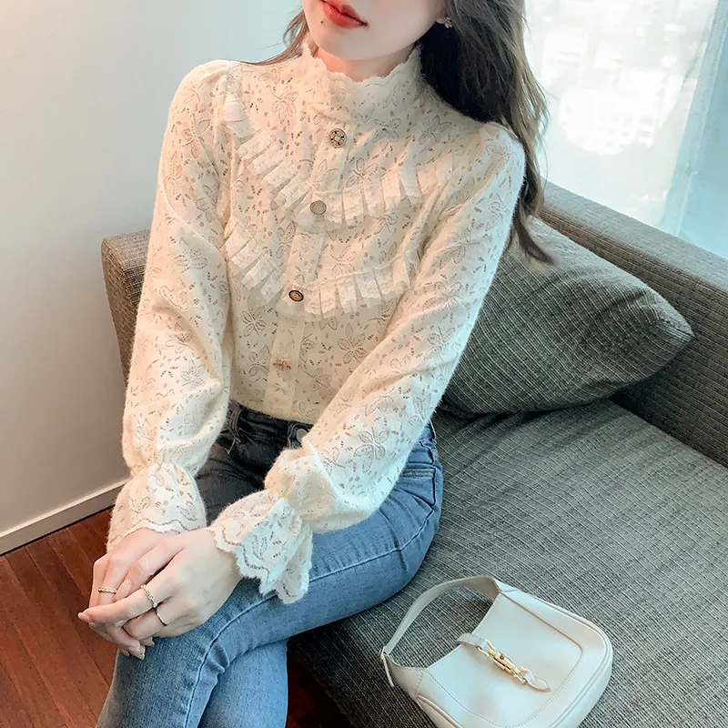 Solid Stand Collar Ladies Lace Tops Women Shirts Blusas 2022 Elegant Mujer De Moda Slim Lace Blouses Shirt Bottomming Top Tee