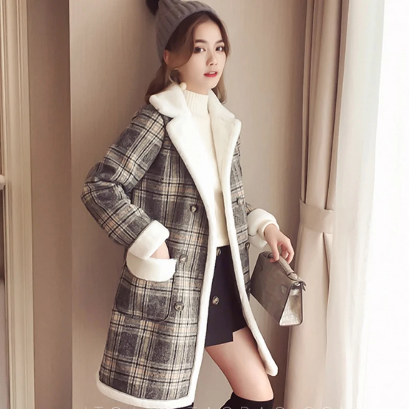 Женское длинное шерстяное пальто в клетку из овечьей шерсти теплая