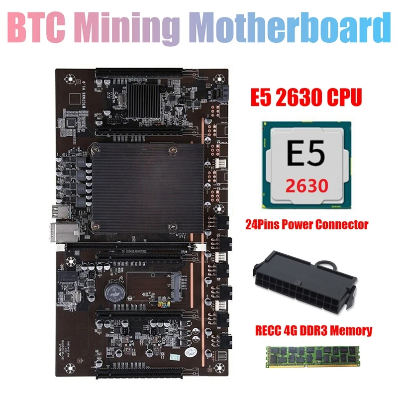 

X79 H61 BTC Miner Motherboard with E5 2630 CPU+RECC 4G DDR3 Ram+24Pins Connector Support 3060 3070 3080 GPU