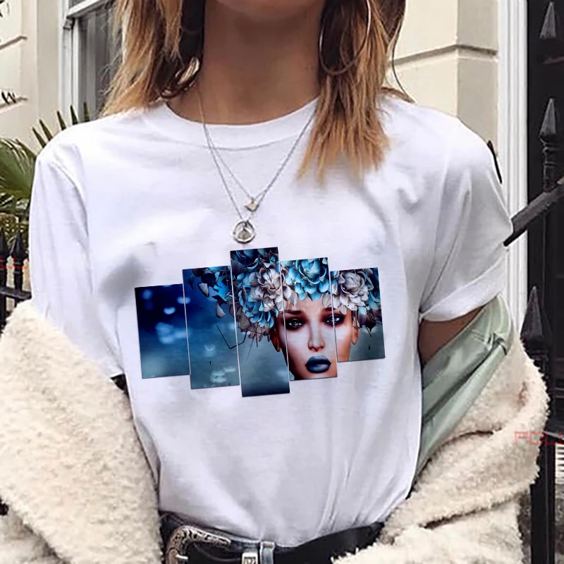 Женская футболка в стиле Харадзюку белая с короткими рукавами и цветочным