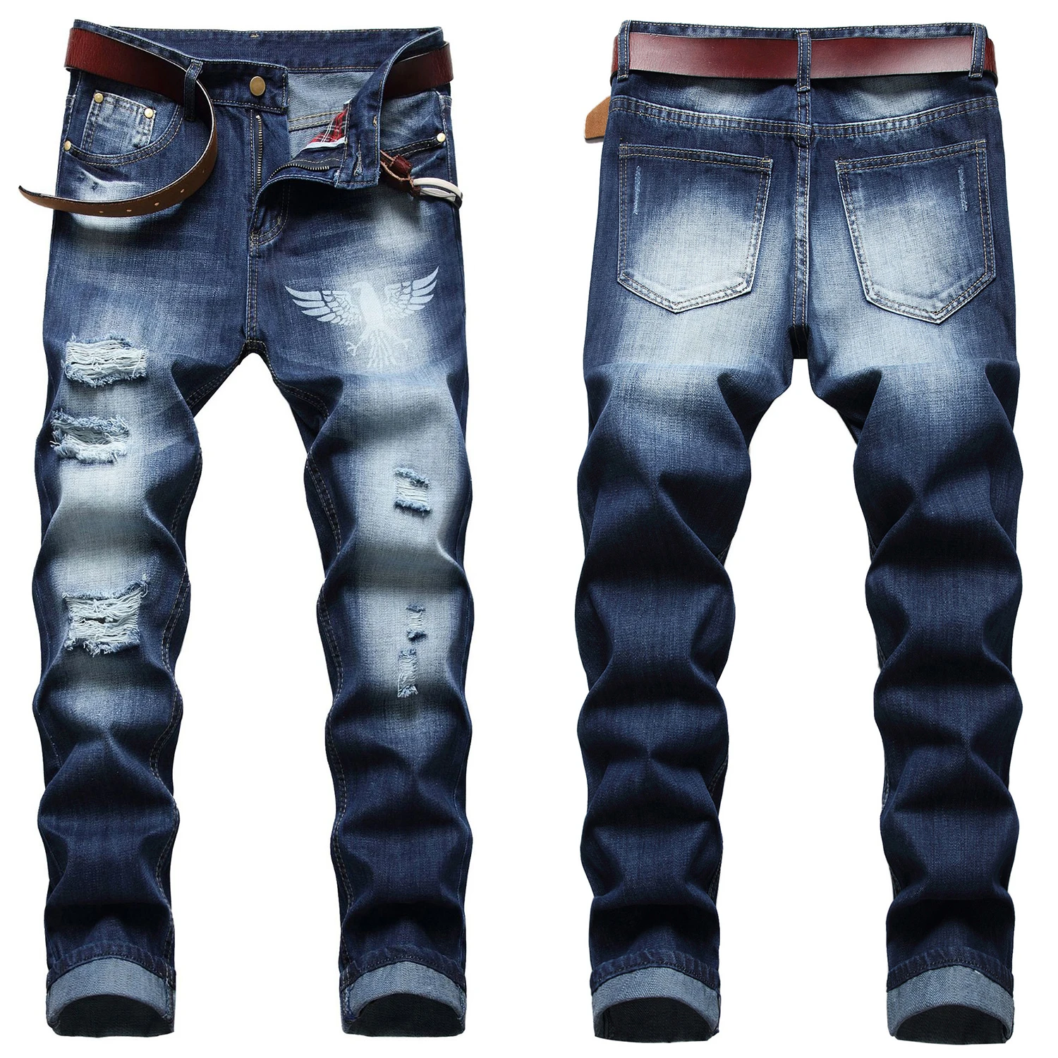 

High quality men’s eagle printing casual jeans white-washed ripped denim pants slimming fit scratches jeans pants men;