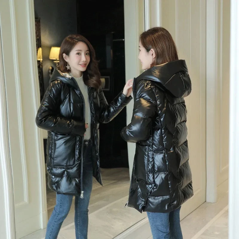 Winter Bright Face Down Padded Coat Women Mid-length Section 2021 Winter New Korean Style Slim Padded Padded Jacket Commute DW10