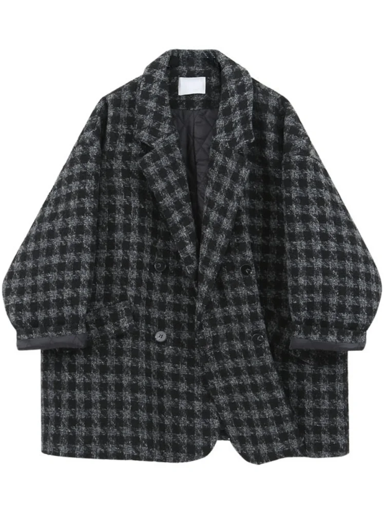 

2021 Loose Casual Thick Mid-length Women's Jacket Fashion double-breasted Warm Woolen Coat Winter Women Houndstooth Woolen Coat