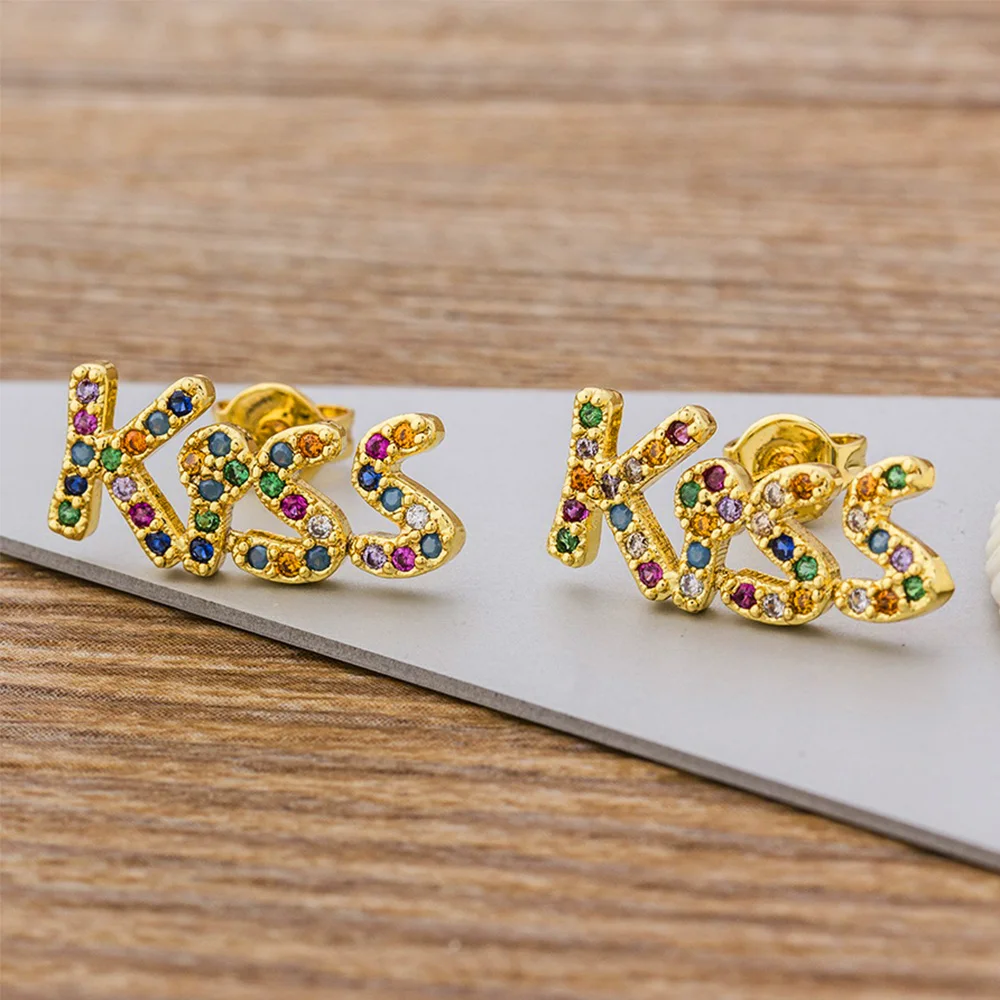 

AIBEF New Design Fashion Gold Rainbow CZ Micro Pave Kiss Letter Copper Stud Earrings For Women Engagement Wedding Jewelry Gifts