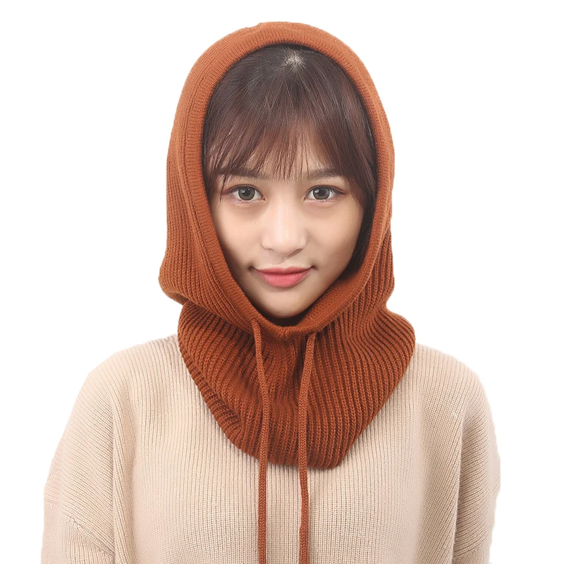 

Winter Women Cashmere Knit Hooded Scarf Caps Solid Color Wool Knitting Scarf With Hats Elegant Ladies Warm Female Beanies
