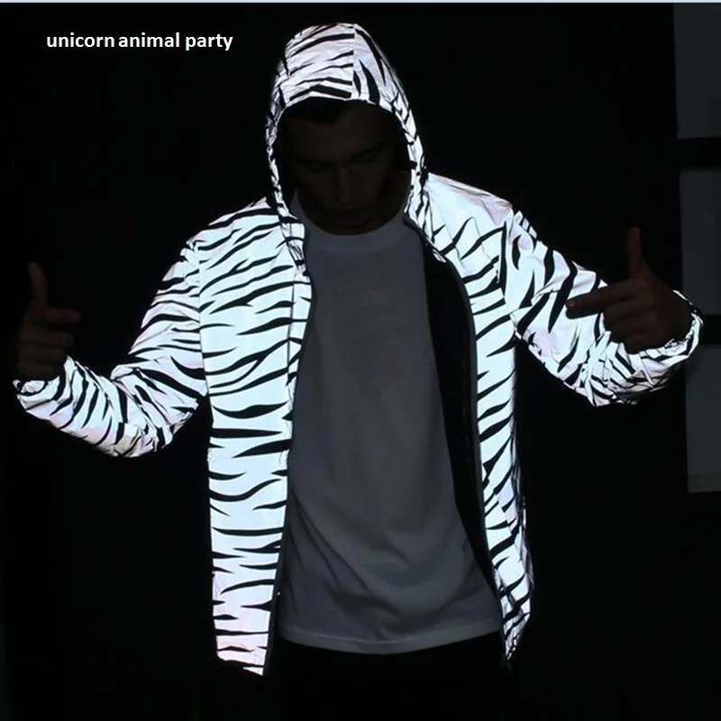 

zebra fluorescent clothing unisex jacket casual hiphop windbreaker 3m reflective jacket tide men coat hooded