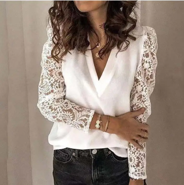 

Women T-shirt 2020 Spring Summer V-neck Lace Hollow Out Top 5XL Embroidery Long Sleeve Patchwork Tees Shirt Plus Size Feminino