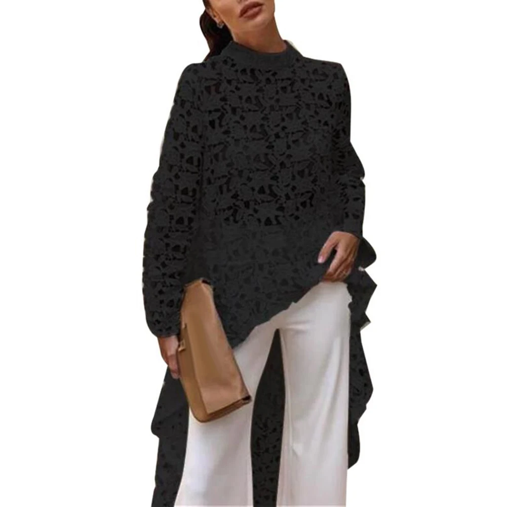 Женская ажурная блузка однотонная кружевная с круглым вырезом и высоким низким