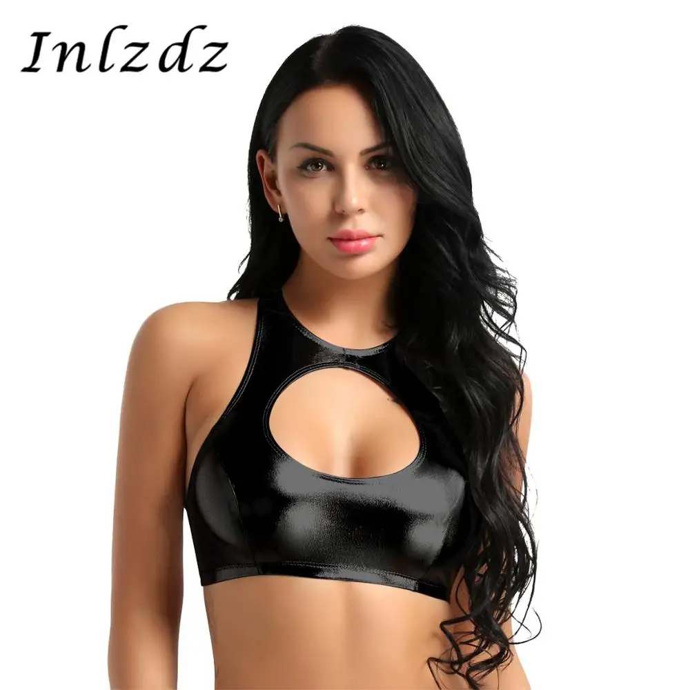 Женский укороченный топ для танцев на шесте одежда рейва металлический