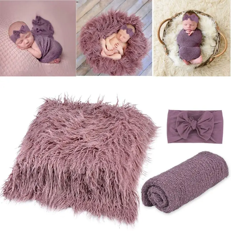 

3pcs/set Newborn Baby Photography Props Kits Fake Fur Blanket Mats Cotton Stretch Wrap with Knotted Headband forInfants Toddlers