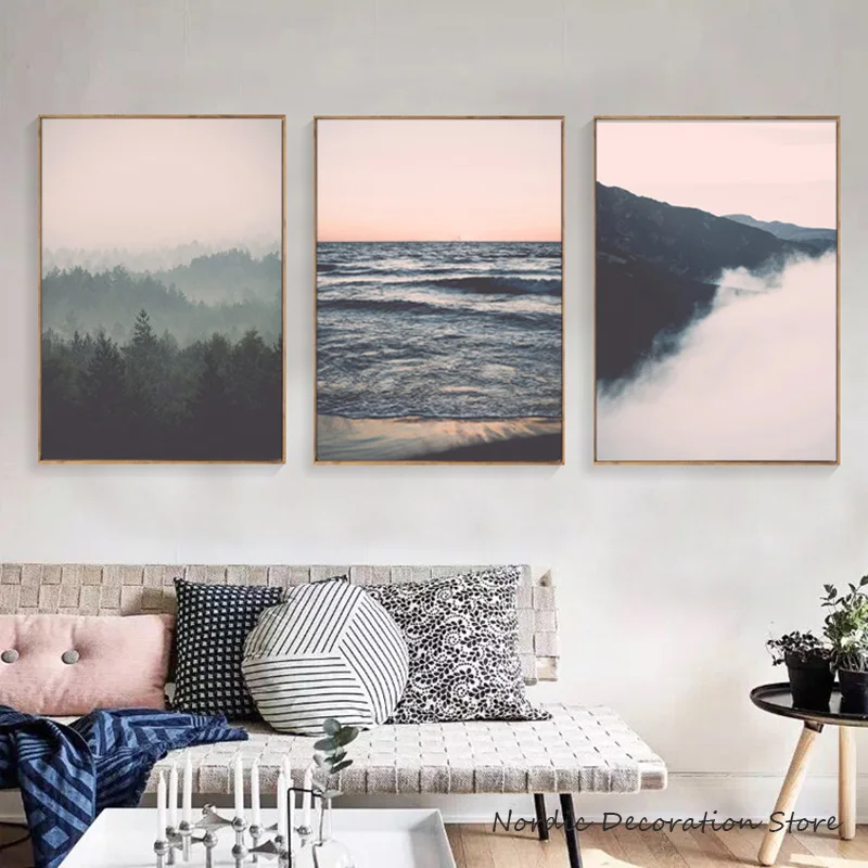 Лес Скандинавское украшение домашний пейзаж розовые постеры и принты черно