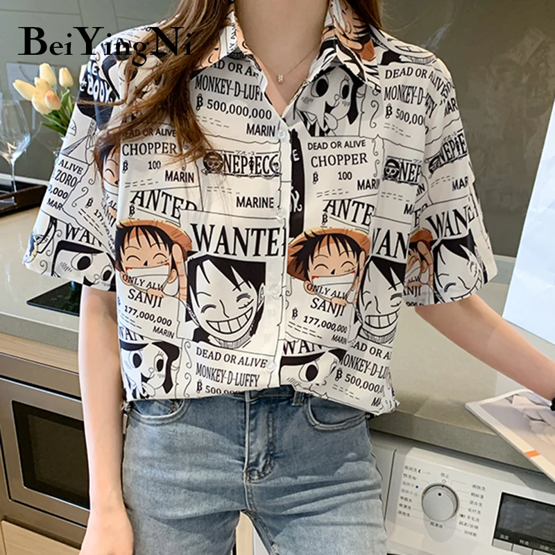 

Beiyingni Cartoon Printed Womens Blouses 2021 Loose Casual Streetwear Trendy Blouse Female Korean BF Harajuku Shirts Woman Chic
