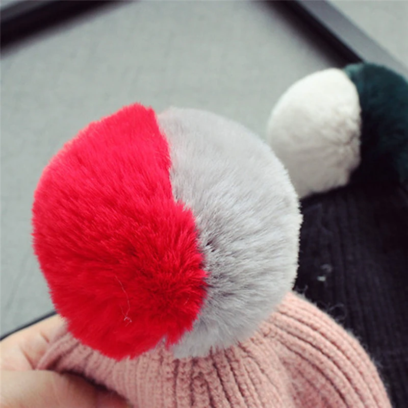 

Cute Winter Baby Children Knitted Hats Double Color Hair Ball Beanies Cap Warm Kids Pompom Cap Crochet Boy Girl Fur Hats