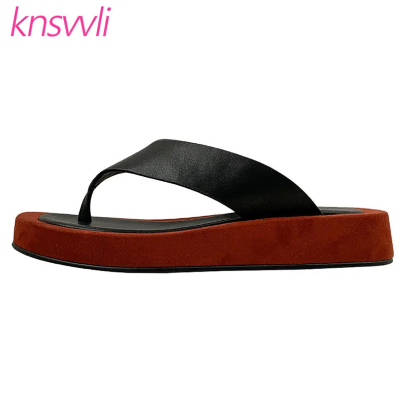 Модные шлепанцы Женская пляжная обувь на толстой подошве Обувь из натуральной