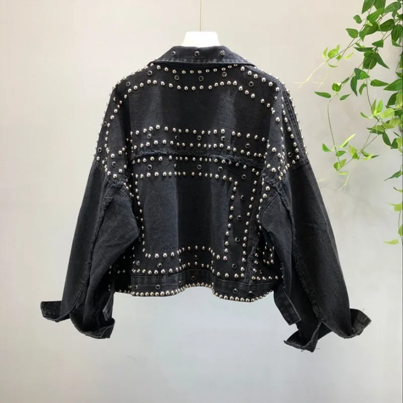 Куртка женская джинсовая с ручными заклепками свободная короткая верхняя одежда