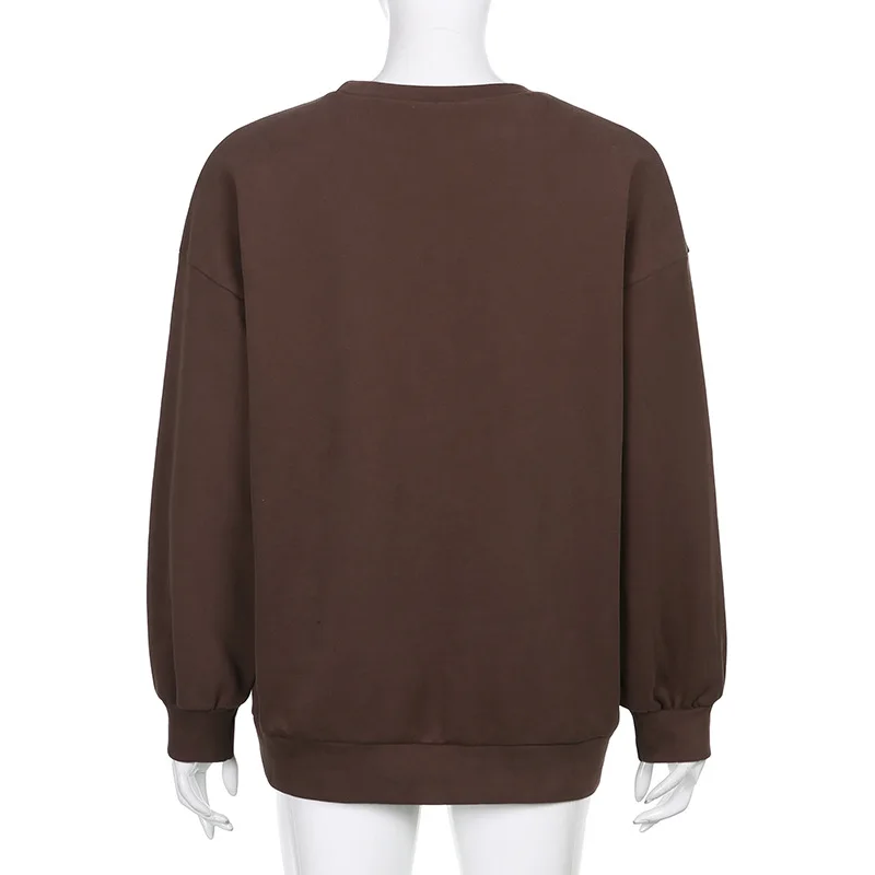 

Women Fashion Loose Style Pullover Brown Letters Embroidery Pattern Long Sleeve Round Collar Hoodie for Fall S/ M/ L