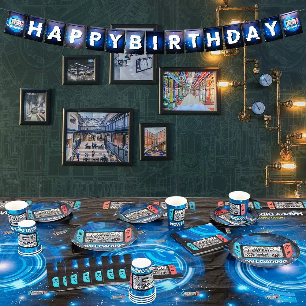 

Video Game Party Supplies Set for Boy Gamer Birthday Party Plates, Cups, Napkins,TableCover for Gaming Birthday Party Decoration