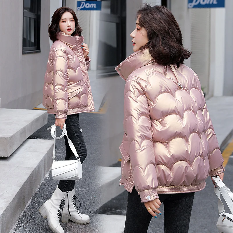 Fashion Women Winter Bright Parkas Stand Collar Short Jacket Cotton Padded Warm Thicken Ladies Coat Long Sleeve Coats Parka