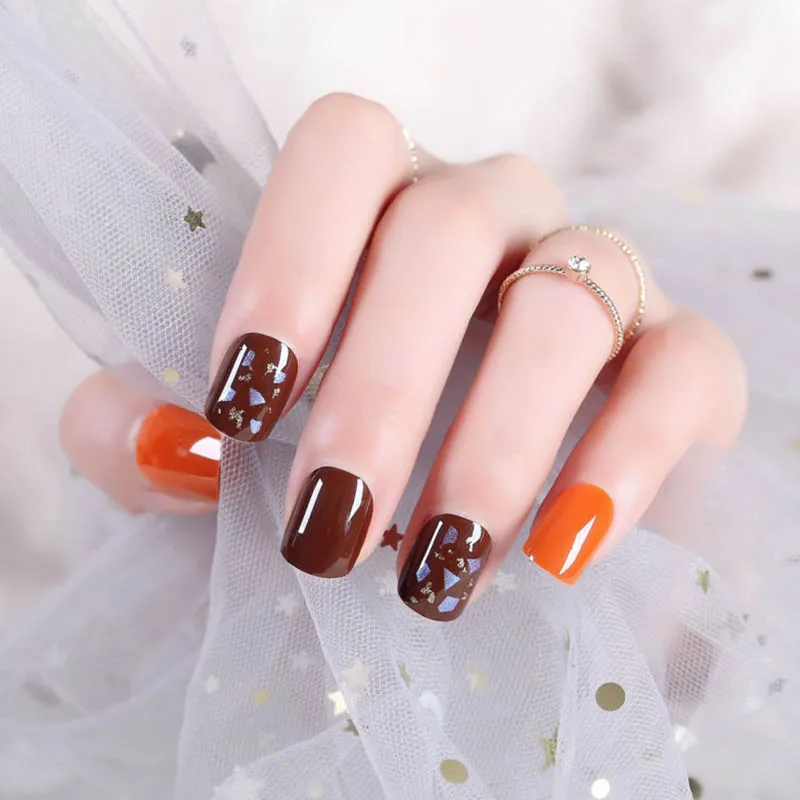 

24pcs/box Summer Girl Sweet Orange and Coffee Color artificial nail press on Paillette Decor Short Full Cover press on nail tips