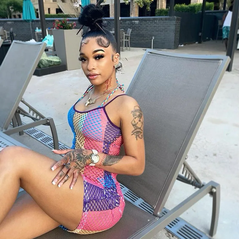 

CIBBAR Summer Spaghetti Strap Mini Dress Contrast Color Hole Sleeveless Sexy Bodycon Clubwear Short Dresses Vintage Streetwear