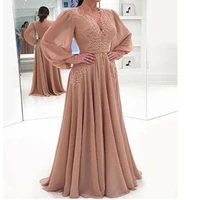 affordable deep v neck long bubble sleeves champagne long chiffon wedding guest dress mother of the bride dress