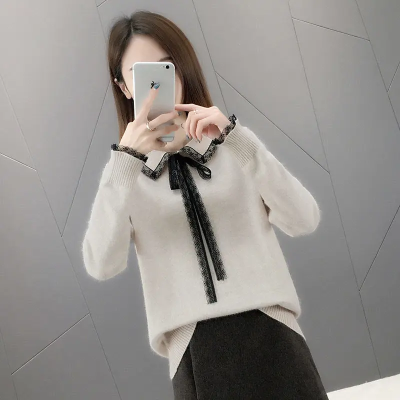 

2020 New Fashion Arrival Women Korean Style Turn-down Collar Solid Long Sleeve Knitted Slim Pullover Elegant Young Ladies Y04