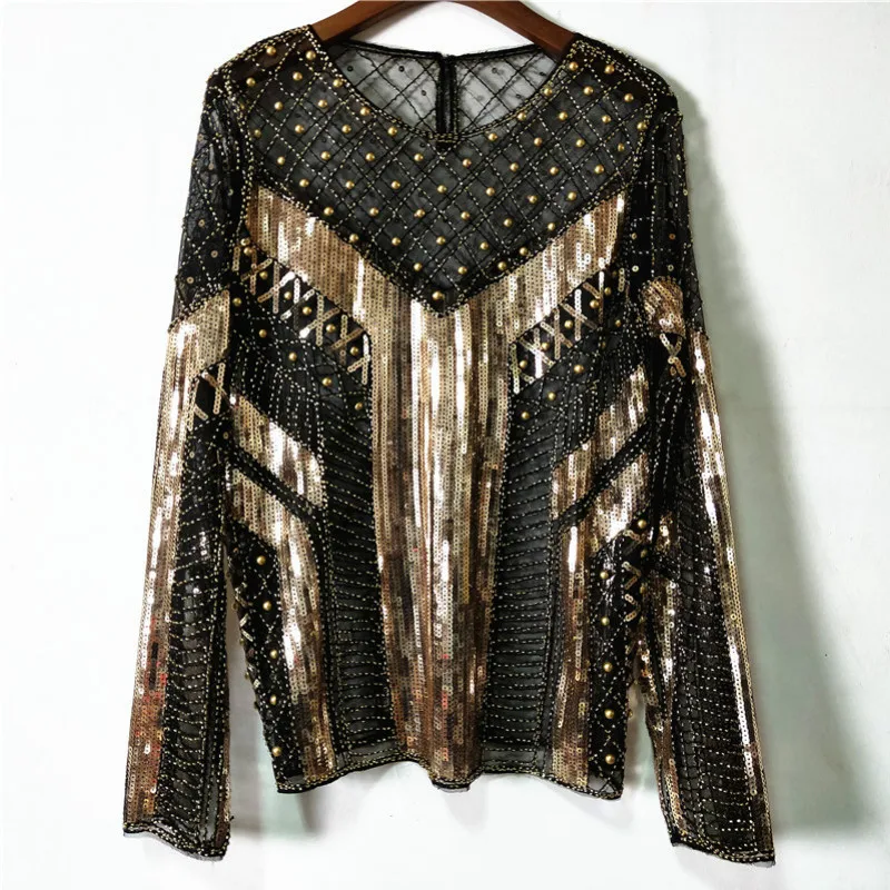 Роскошные сетчатые блузки с блестками футболки бисером и длинными рукавами