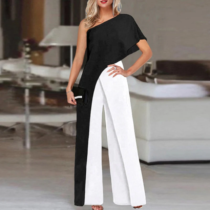 

Long Jumpsuits Vintage Patchwork Playsuits VONDA 2021 Femme Summer Sexy Sleeveless One Shoulder Loose Pantalones Office Overalls