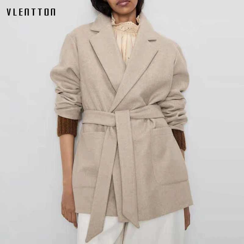 Autumn Winter With Belt Vintage Woolen Coats Women Solid Pockets Wool Outwear Office Ladies Jacket Coat Female Casaco Feminino | Женская